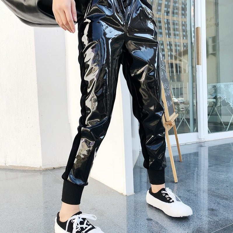 Elastic Waist Bright Leather Velvet Track Pants